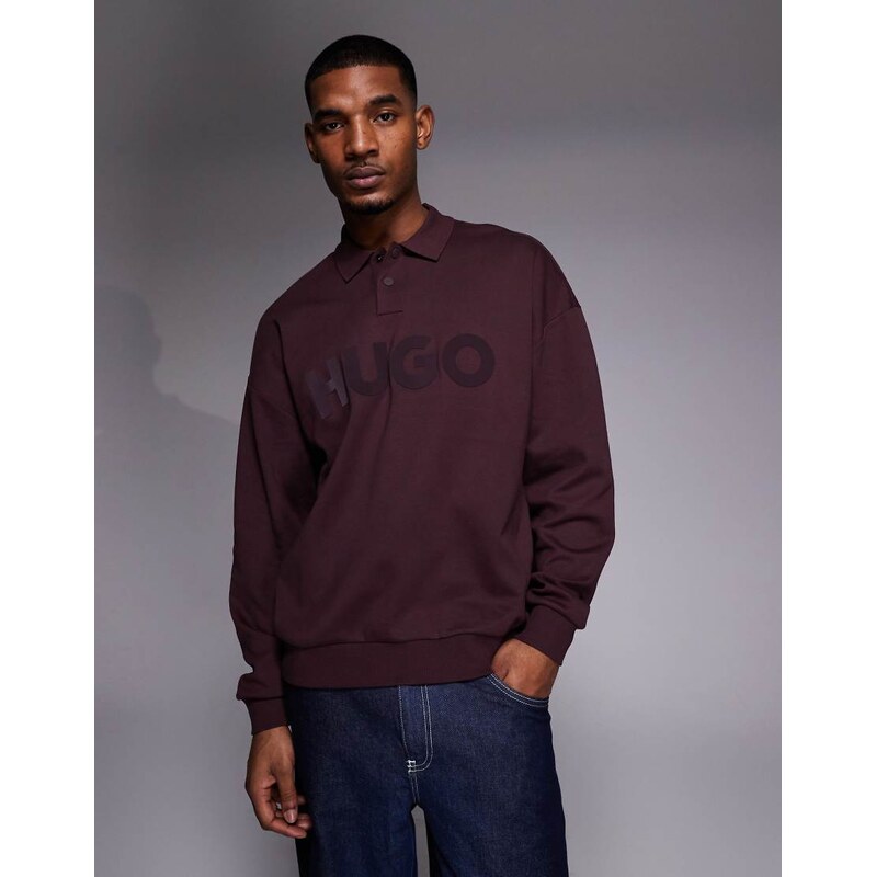 HUGO Red dimolox oversized rugby polo in burgundy with tonal