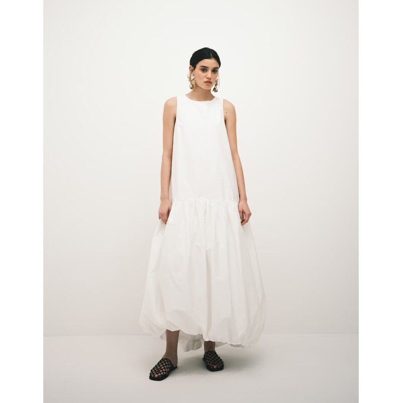ARRANGE drop waist maxi dress with puffball hem in white