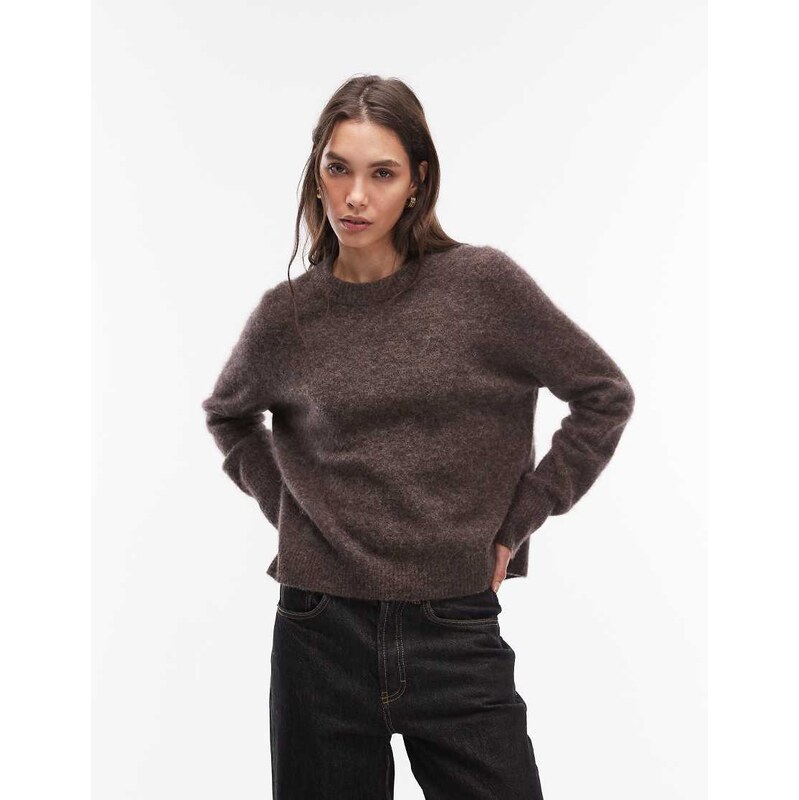 ARKET alpaca wool blend crew neck jumper in chocolate brown 113561945