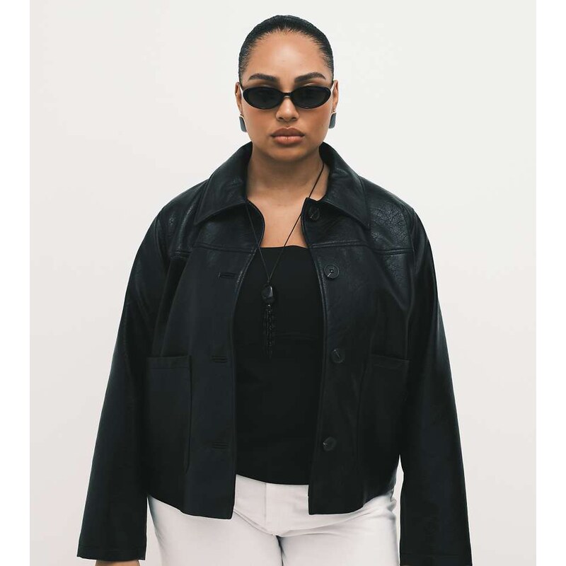 ASOS Curve ASOS DESIGN Curve leather look harrington jacket in black 113561597
