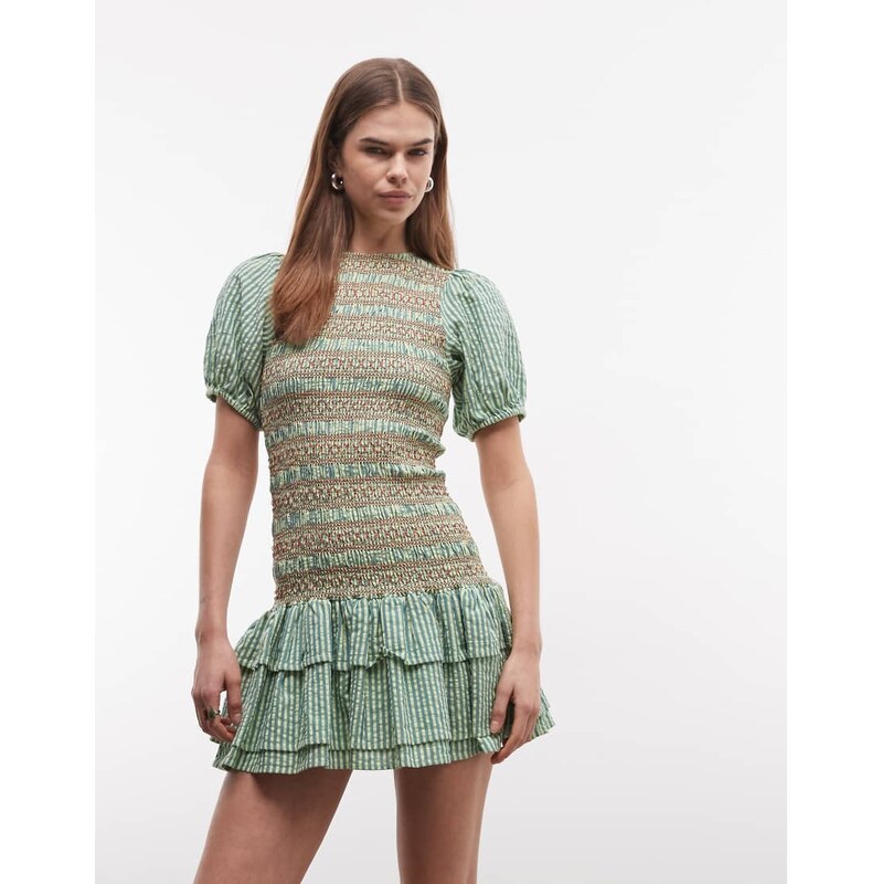 Reclaimed Vintage mini shirred dress with puff sleeve in green stripe 113574934