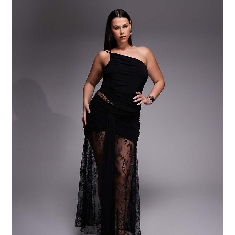 Forever New Curve one shoulder ruched cut out lace mix maxi dress in 113561614