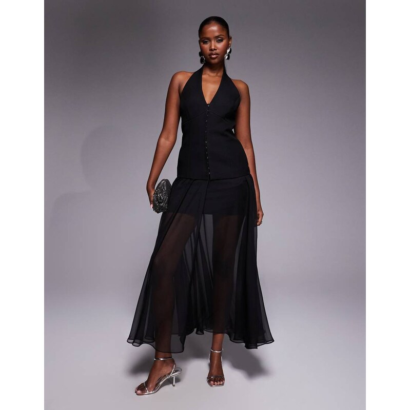 Forever New tailored hook and eye halter neck chiffon mix maxi dress 113561618