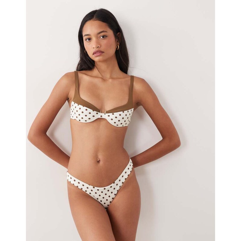 Free Society polka dot high leg bikini bottom in brown and cream-White 115123091
