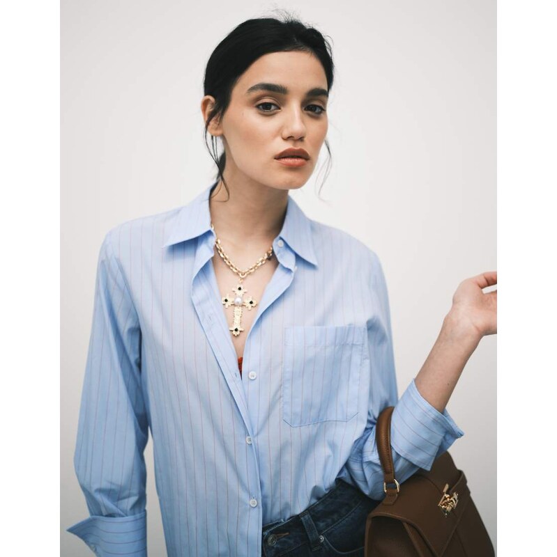 Mango cotton mix classic shirt in blue and brown stripe 113561785