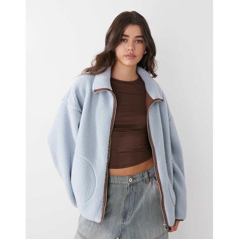 Monki long sleeve fleece with contrast zip in blue