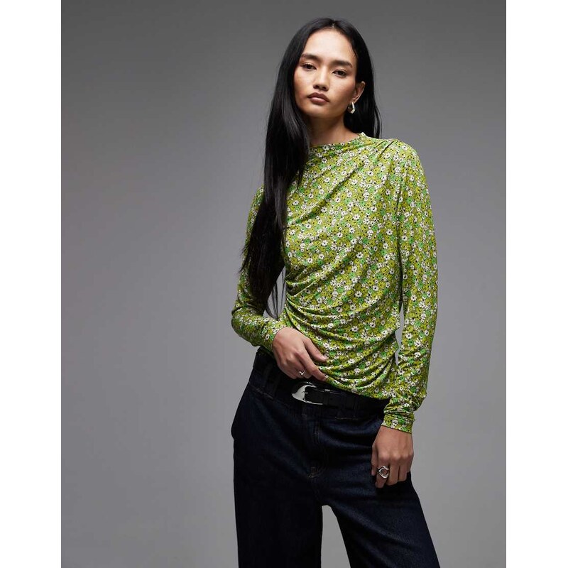 & Other Stories long sleeve slinky jersey top in green floral