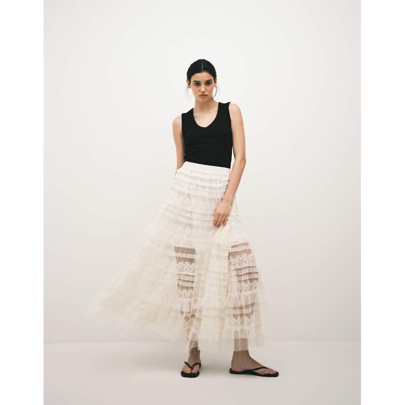 AllSaints arlea lace tulle ruffled maxi skirt in antique white 113561925