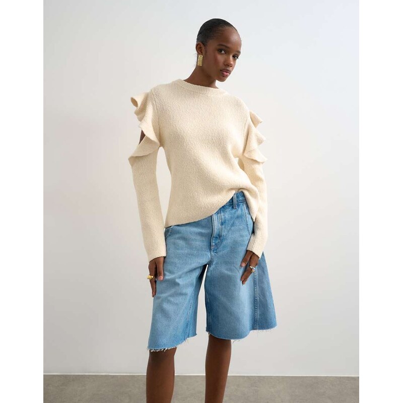 Topshop knitted frill sleeve jumper in ivory-Green 113564366