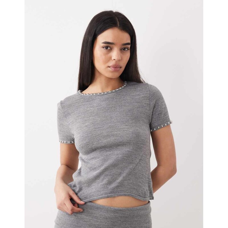 Mango Studis knitted short sleeve top with studs co-ord in grey