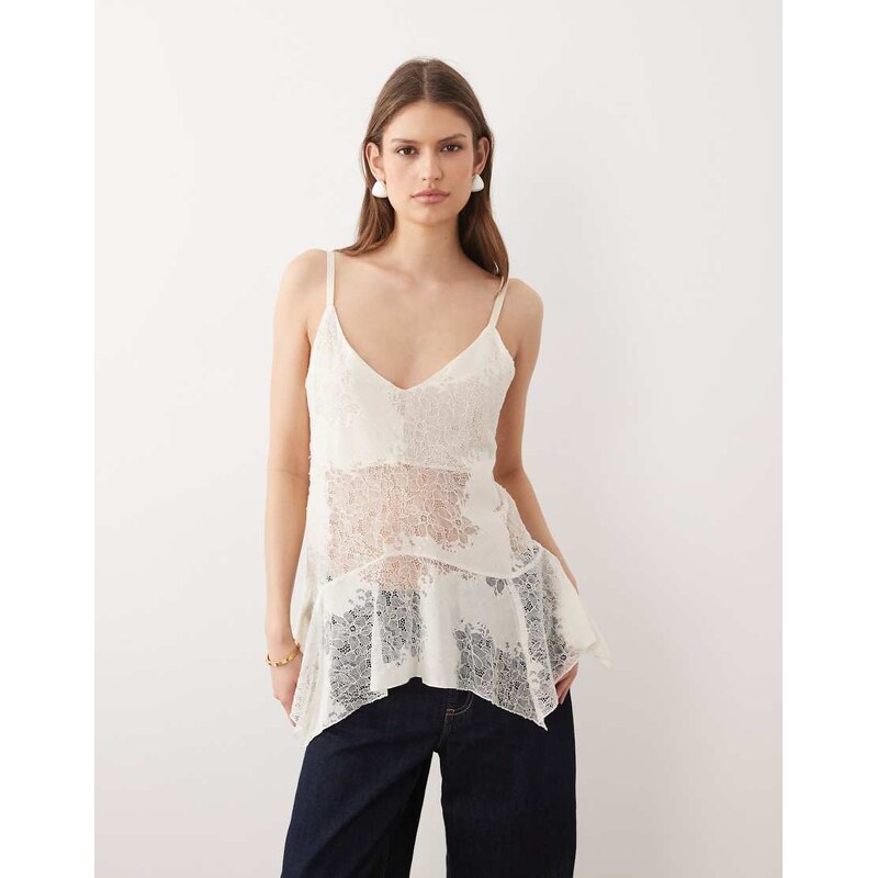 Mango sheer lace asymmetric cami in beige-Neutral 113561971