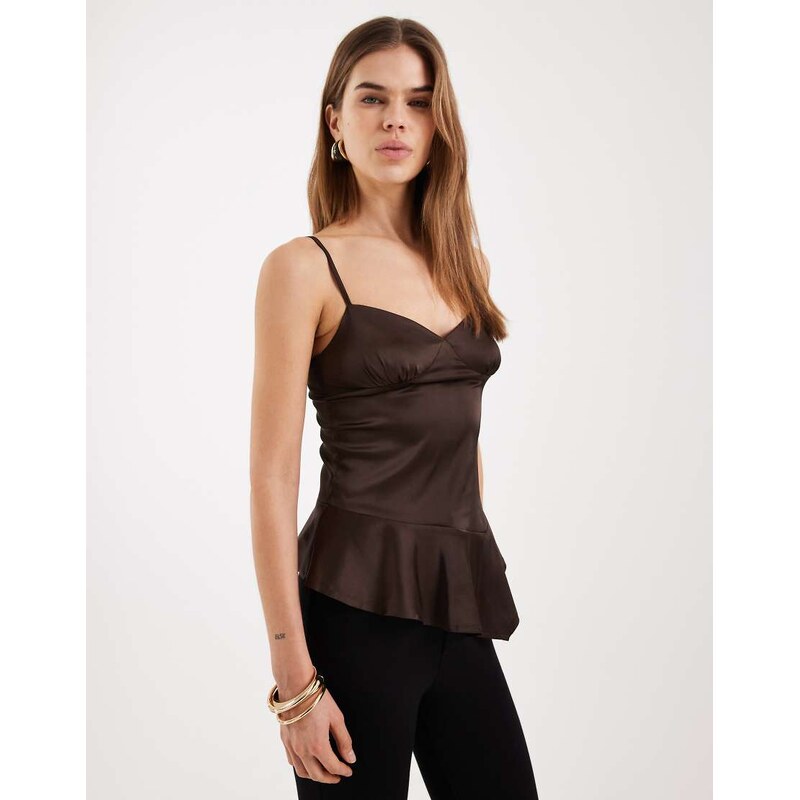 Motel Turuti satin ruffle edged cami top in dark brown