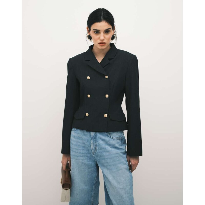 ASOS DESIGN double breasted shrunken blazer in black-Grey