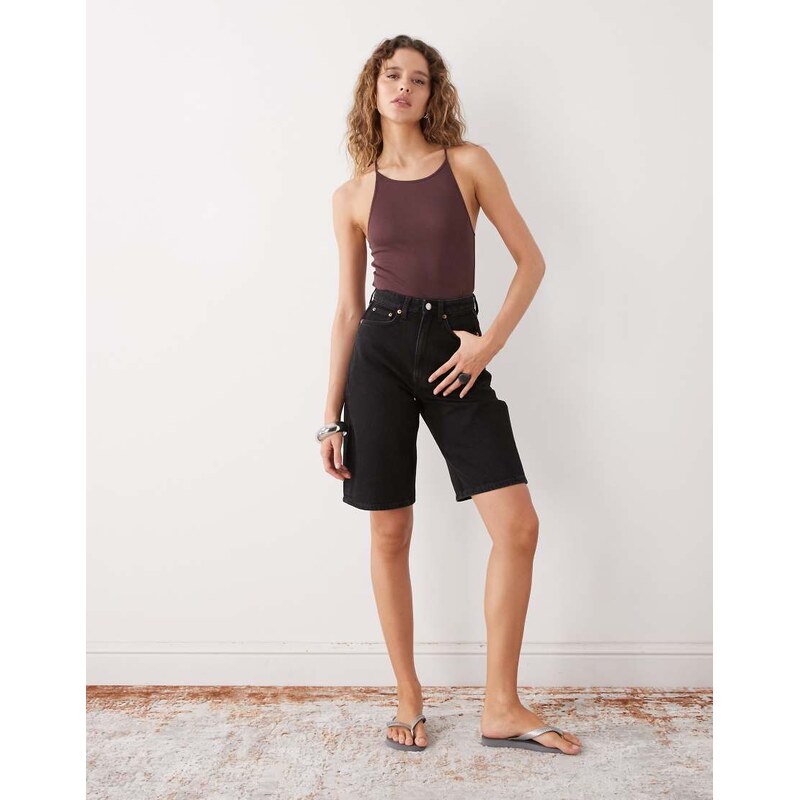 Weekday Curve high waist denim shorts in black