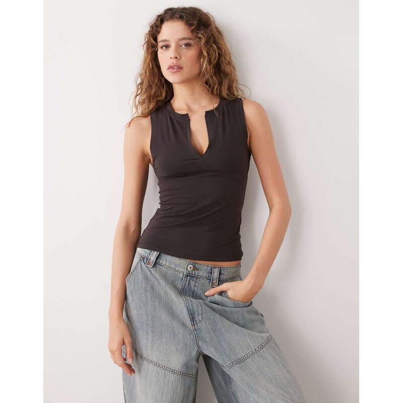 Weekday tank top with v neck notch detail in brown