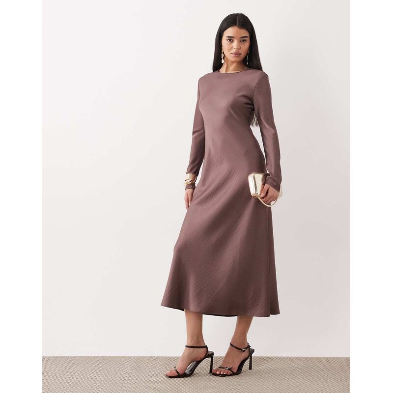 Mango round neck satin long sleeve maxi dress in pastel purple