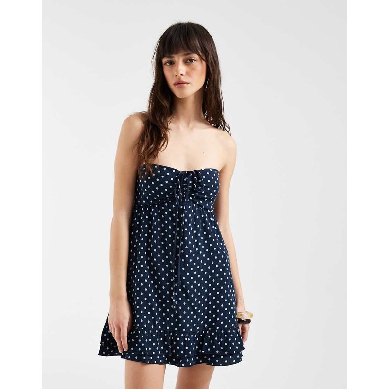 Hollister bandeau tie up ruffle babydoll mini dress in navy