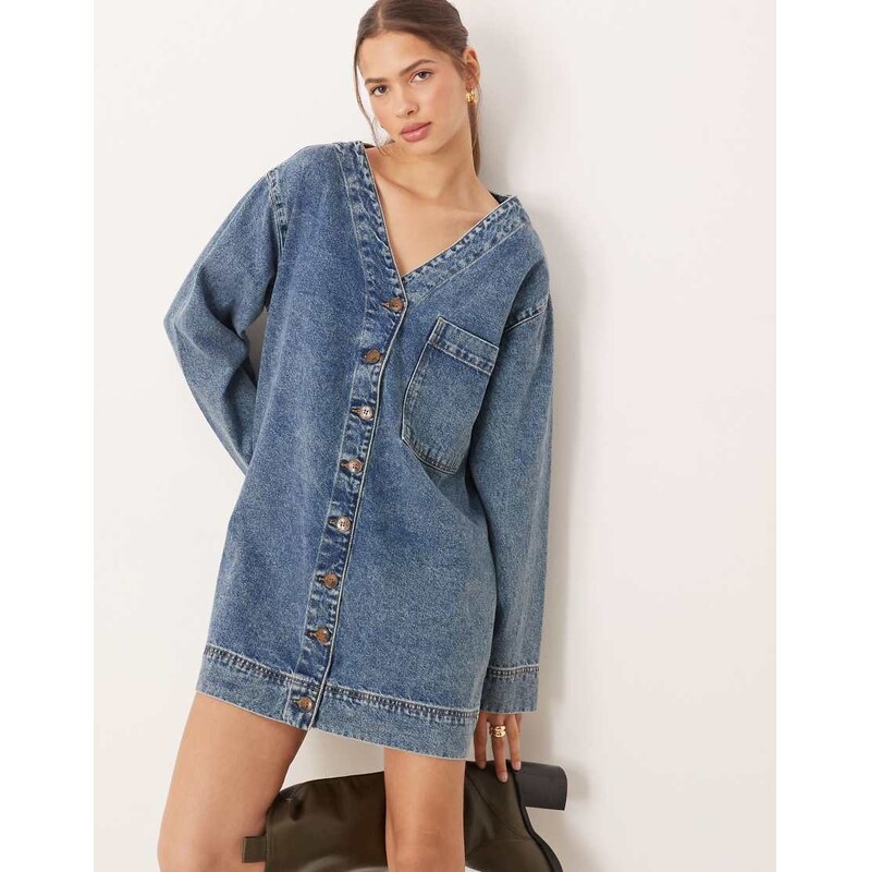 ASOS DESIGN denim boxy v neck shirt dress with pocket in vintage blue