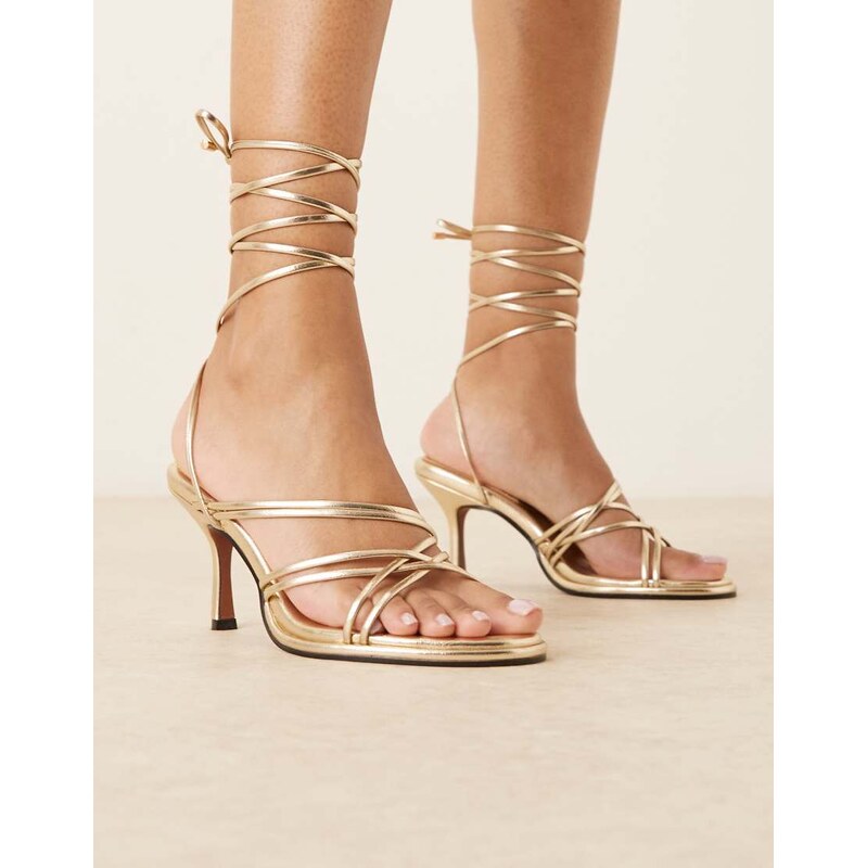 ASOS DESIGN Hoop strappy tie leg mid heel sandals in gold