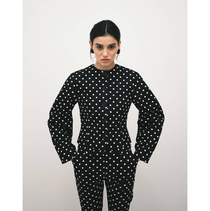ASOS DESIGN collarless blazer with volume sleeve in mono spot