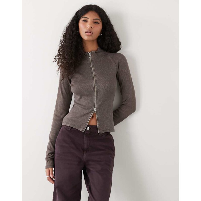 Weekday mock neck zip through long sleeve top in washed grey 113564357