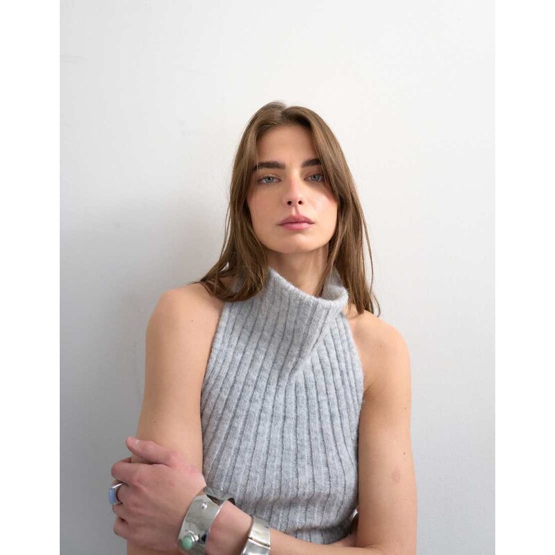 Topshop knitted drape neck low back top in grey
