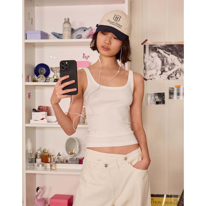 Bershka Ribbed vest top in white
