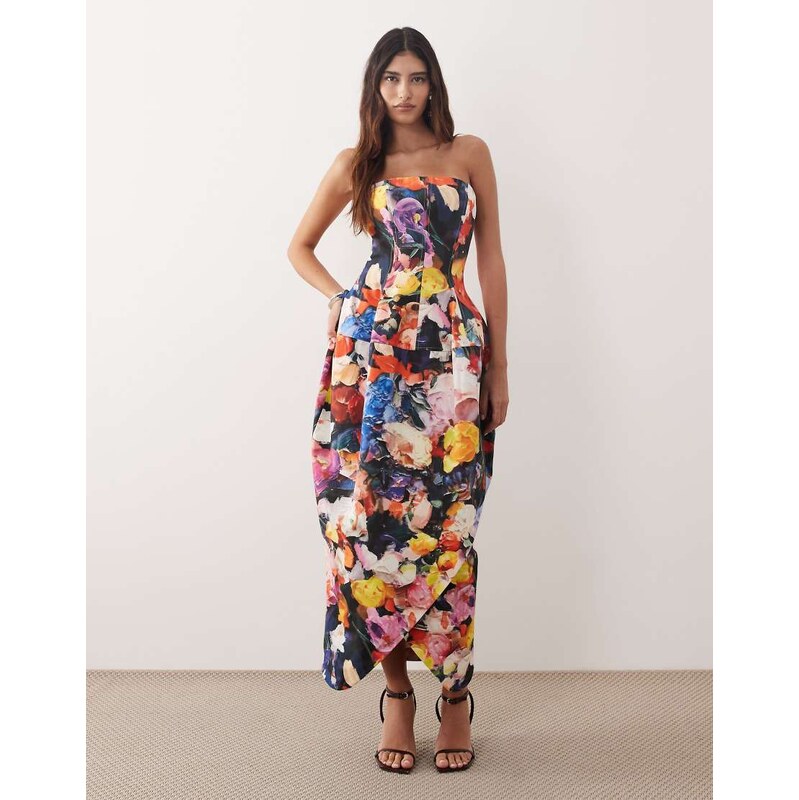 ARRANGE structured volume bandeau midi dress in bloom floral print 113564186