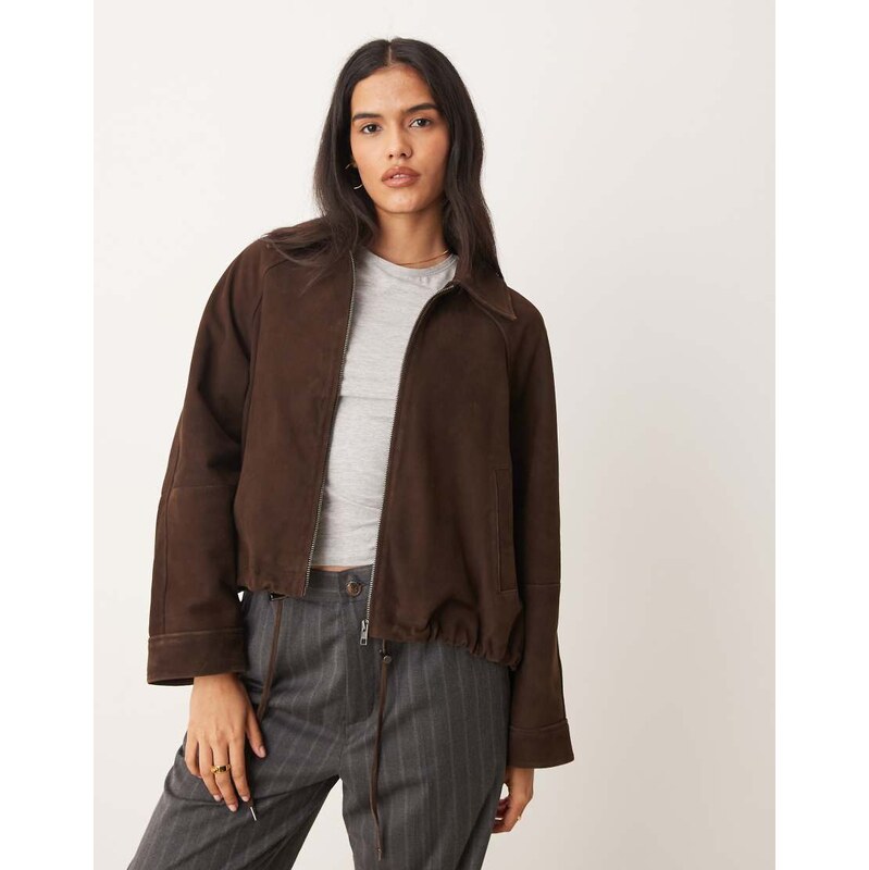JJXX suede leather zip jacket in brown 113564191