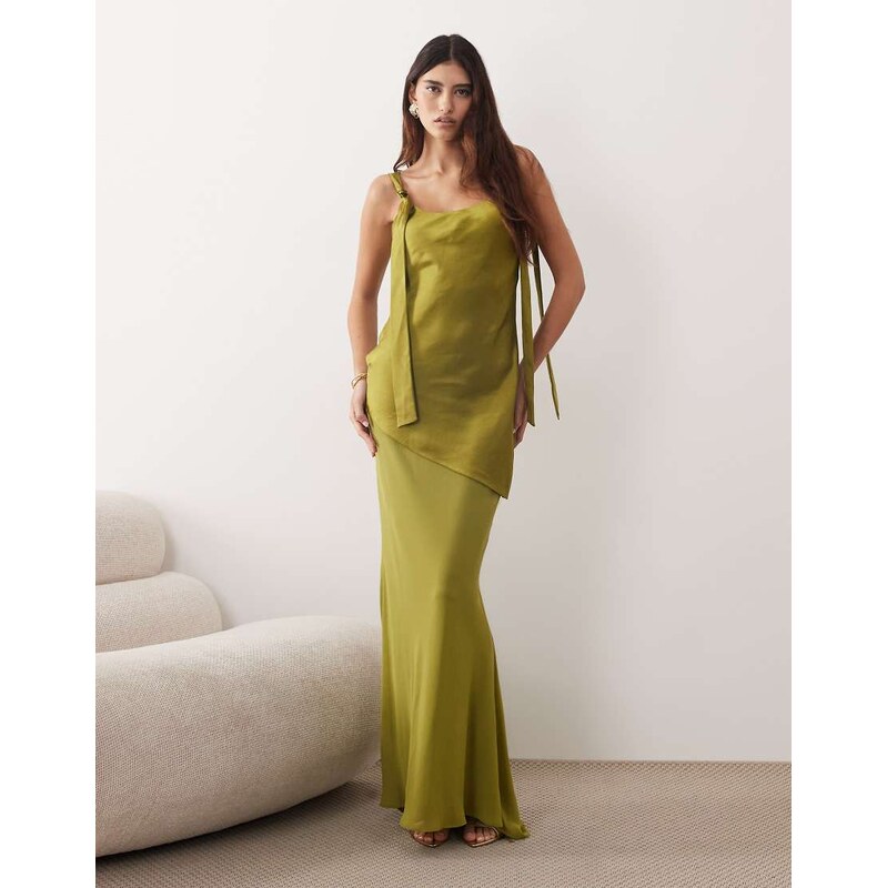 ARRANGE tie shoulder satin maxi dress in olive green