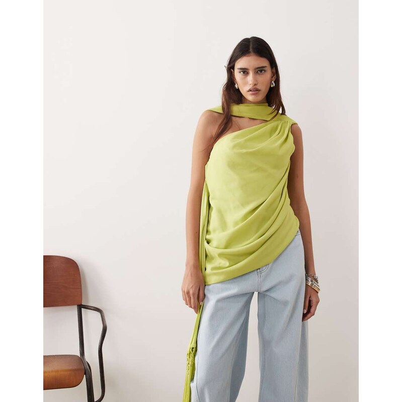 ARRANGE scarf neck draped top in lime-Green 113564223