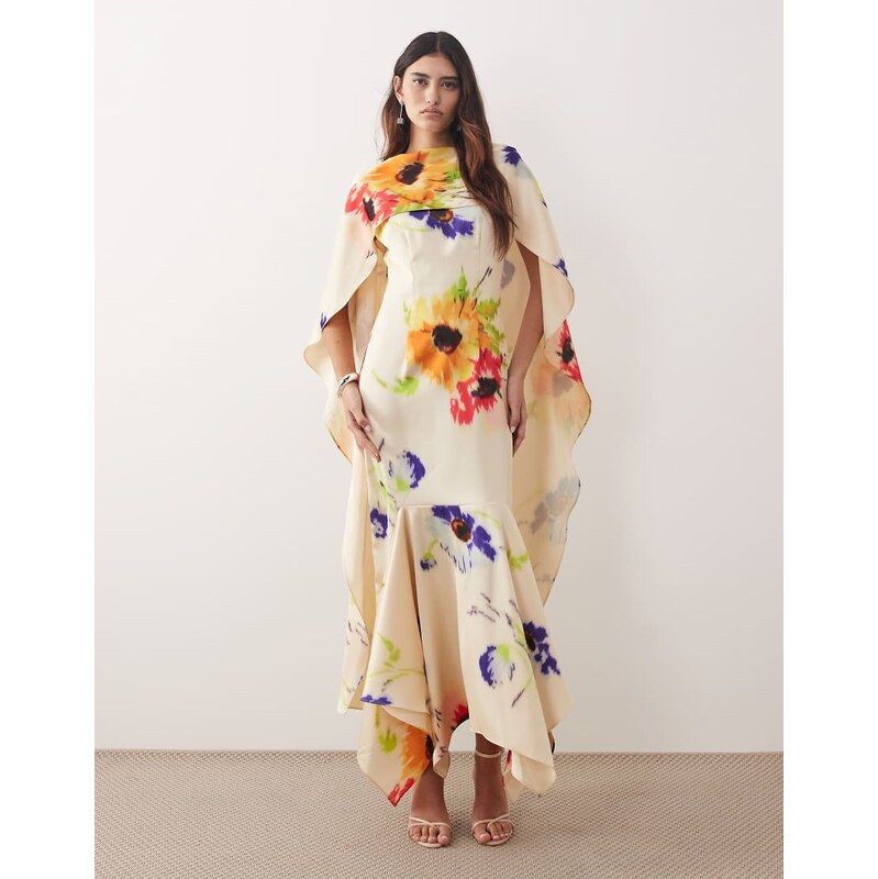 ARRANGE scarf neck maxi dress with square cut hem in blurred floral 113564224