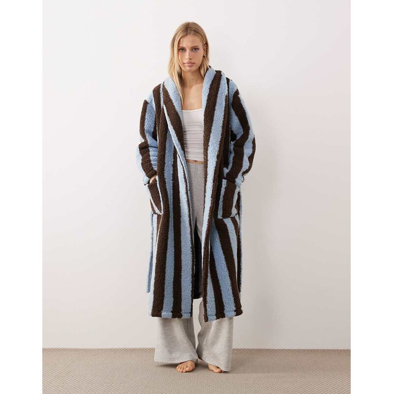 Threadbare long stripe dressing gown in chocolate brown and blue 113564226