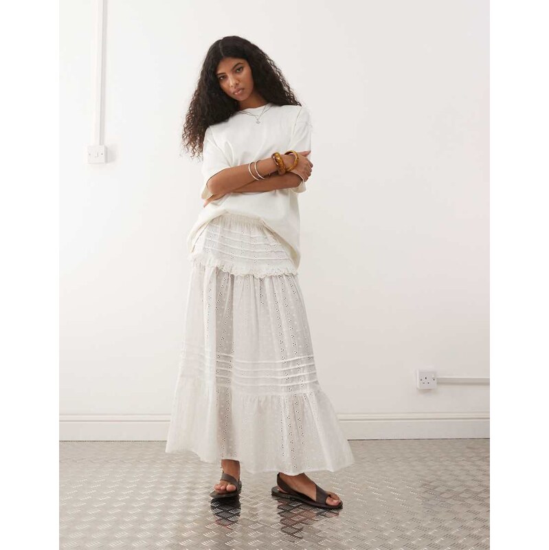 Reclaimed Vintage pull on midi skirt in white broderie