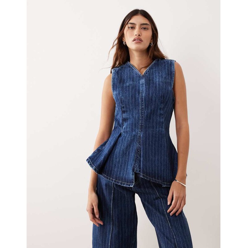 ARRANGE stitch stripe denim pleated v neck top co-ord in washed blue 113564232