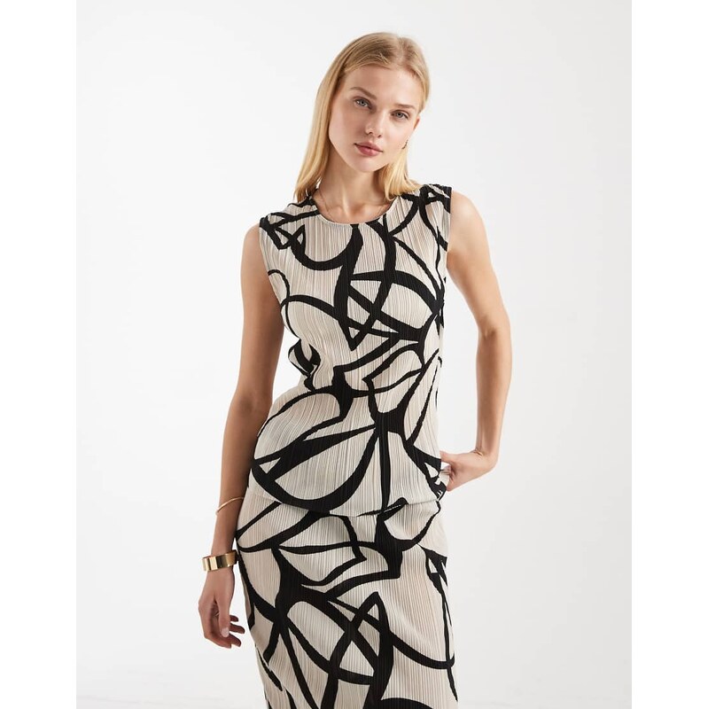 Vero Moda plisse sleeveless top co-ord in mono abstract print-Neutral 113564266