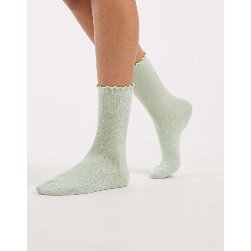 Vero Moda glitter sock with frill edge in fog green