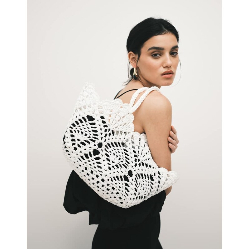 ASOS DESIGN floral crochet grab handle tote bag in off white