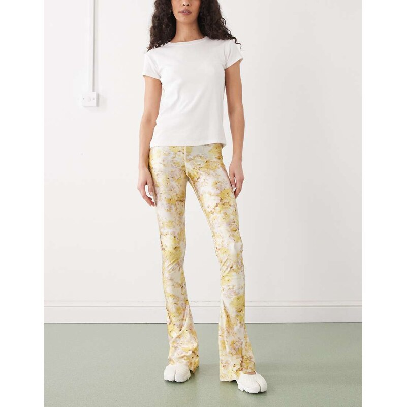 Monki slim flare trouser in yellow floral