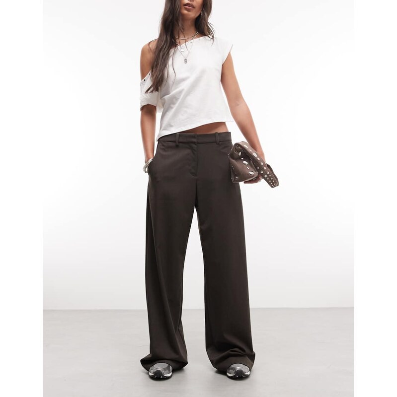 Weekday wide leg tailored trousers in brown melange 113564312