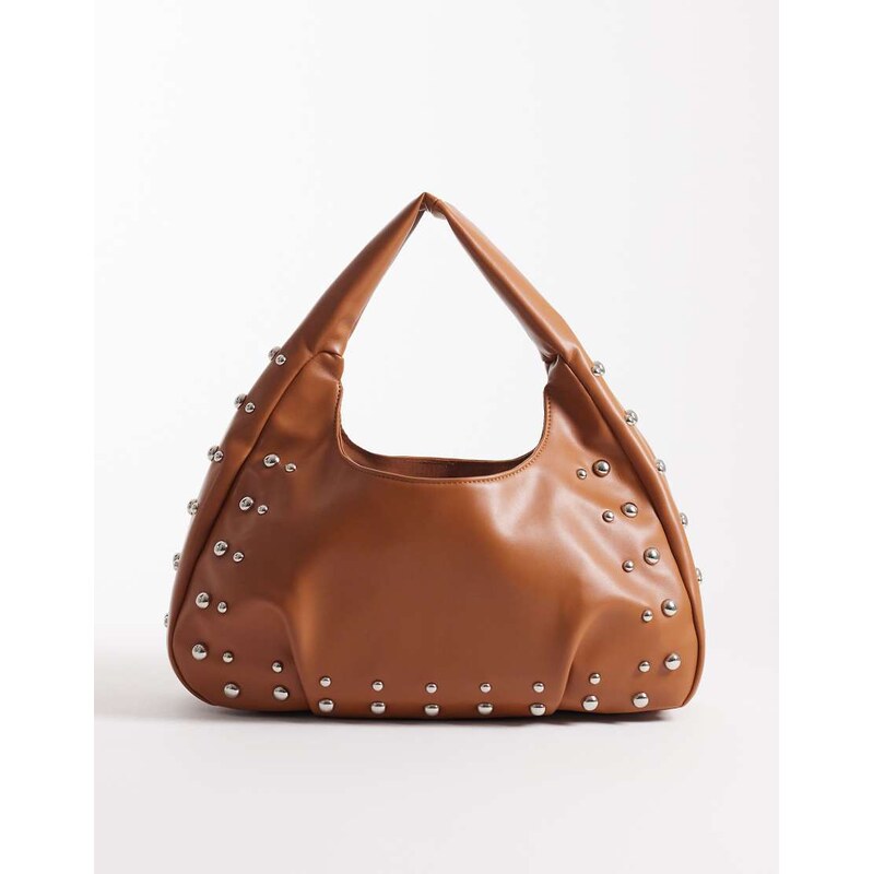 Pieces gold studded slouchy shoulder bag in brown