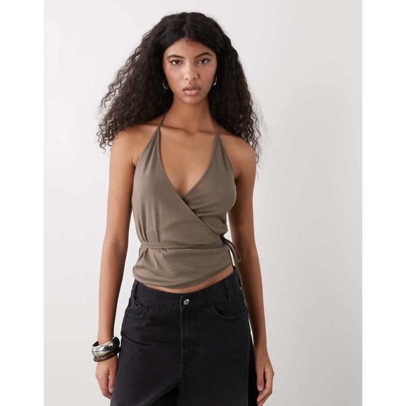 Weekday halter wrap top in mole-Brown