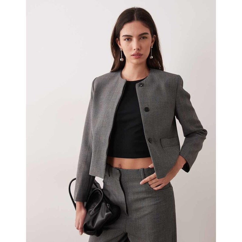 Mango Louis collarless blazer co-ord in grey check 113564373