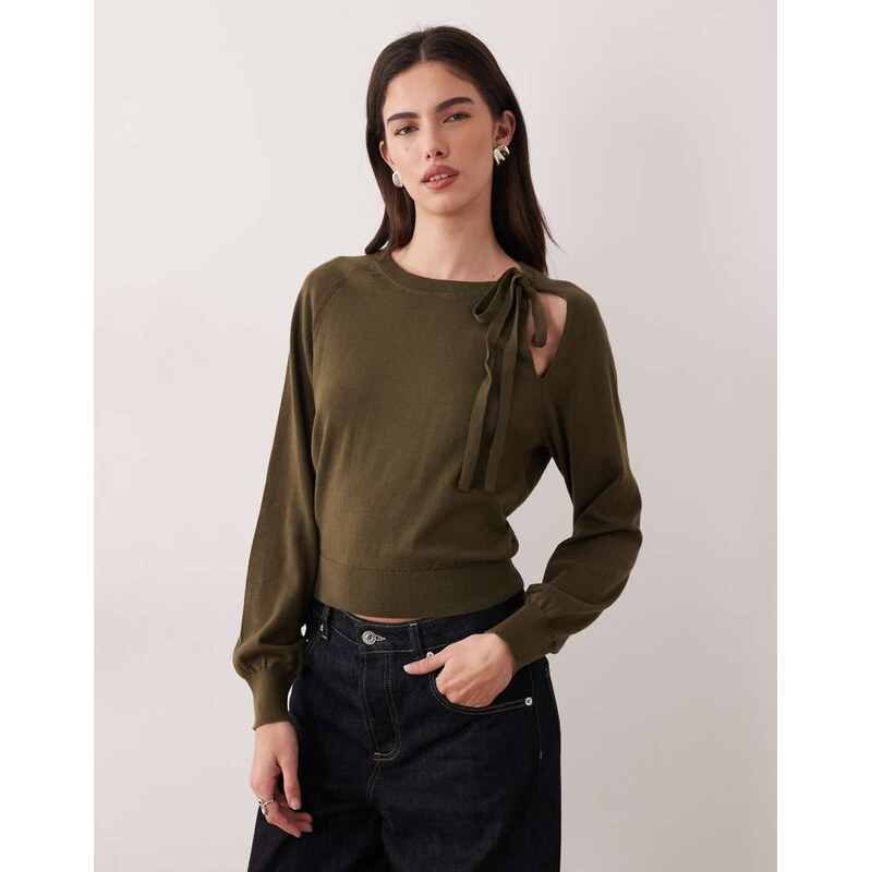 Mango Teen tie detail knitted top in khaki-Green 113564390