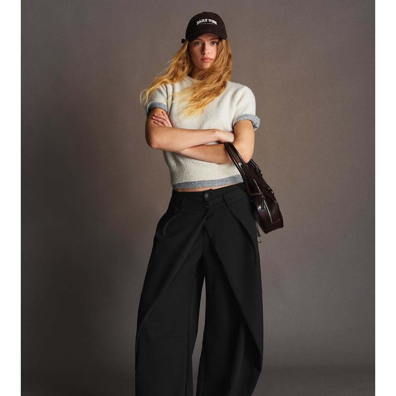 Bershka Tall barrel trousers with pleats in black