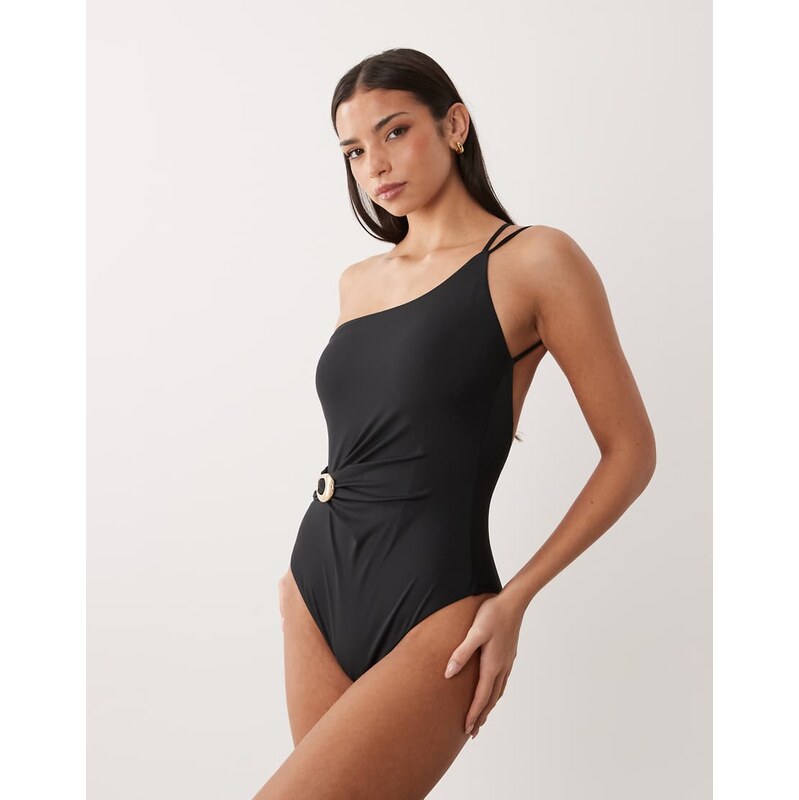 Mango one shoulder ruched swimsuit with gold accent in black