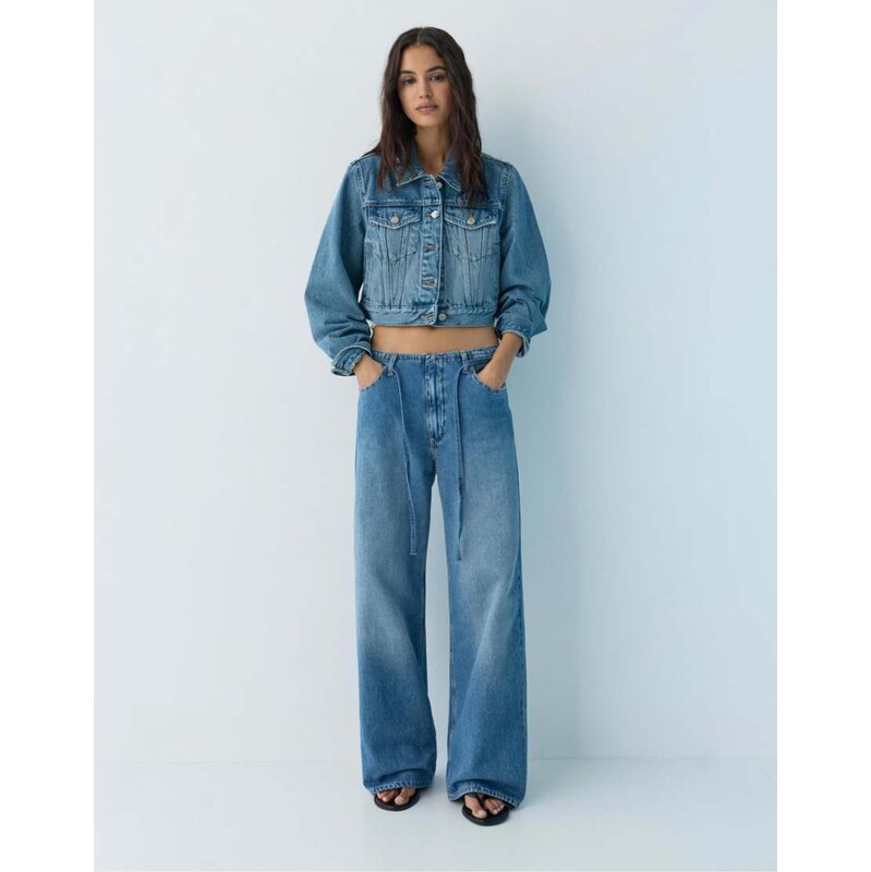 Pull&Bear Baggy jeans with drawstring in medium blue 113564422
