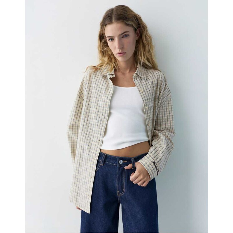 Pull&Bear Check shirt with embroidered slogan in yellow 114082648
