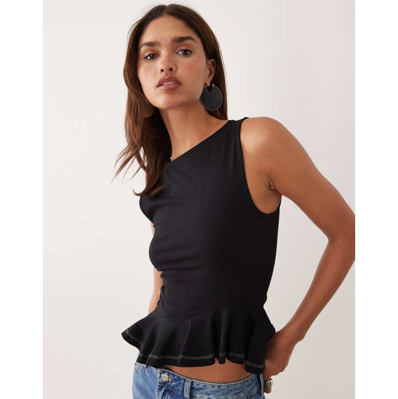 ASOS DESIGN peplum curved hem top in black with contrast