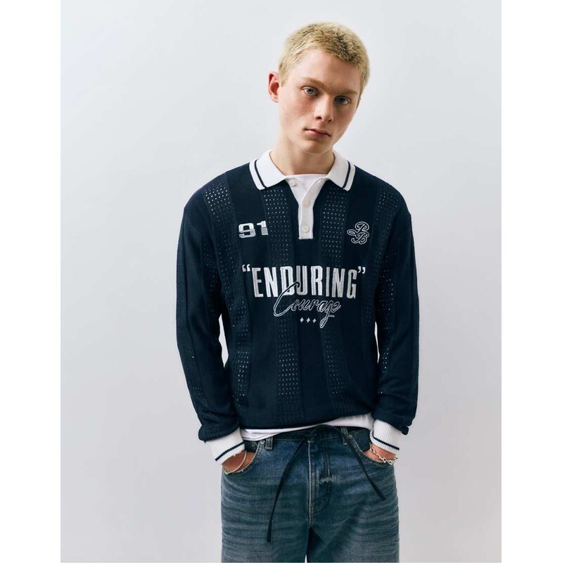 Pull&Bear Graphic knitted football polo shirt in navy